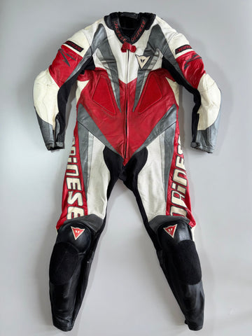 Dainese Italian Pure Leather Vintage One-Piece MotoGP Racing Leather Suit W/ Back hump and proper (Padded) Red-White-Charcoal |  (Paded)Size -(S) Chest (40Inches)