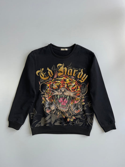 Fully Rhinestone Tiger Graphic Crewneck Sweatshirt | Black (S/M)