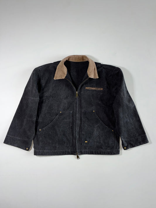 Black Zip-Up Workwear Jacket with Tan Contrast Collar & Patch Pockets (2XL)