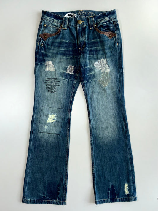 Big Train Osaka Blue Patchwork Distressed Flared Jeans (W:34 |L:43 )