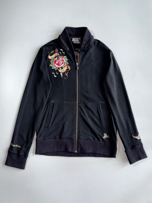 LA Ink Knightsbridge Rose Dagger Embroidered Black Zip-Up Track Jacket With Detachable Cap (S)