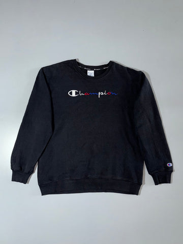 Champion Spellout Crewneck Sweatshirt – Black, Multicolor Script Logo (S/M)