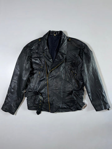 Avanti Black Leather Belted Biker Jacket (L/Xl)