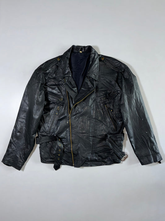 Avanti Black Leather Belted Biker Jacket (L/Xl)