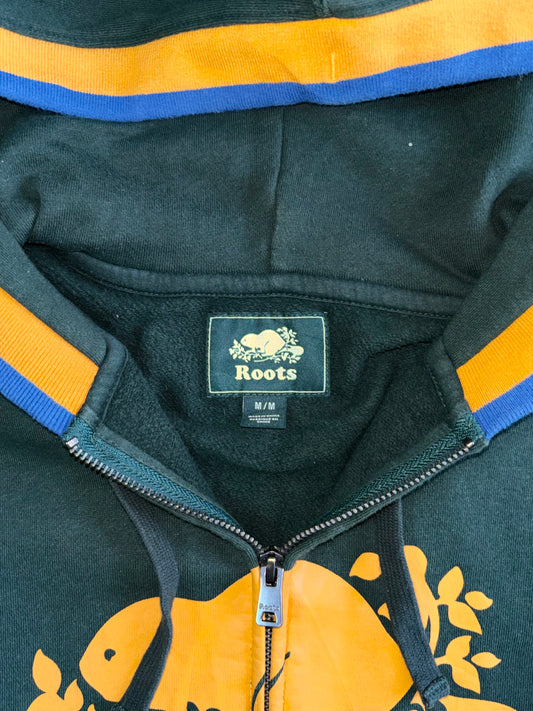 Roots Canada Beaver Logo Full-Zip Hoodie – Forest Green with Gold & Blue Hood (M)