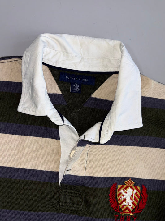 Tommy Hilfiger THNY Block Stripe Rugby Shirt Lion Crest Embroidery, Number 85 Back Patch, Long Sleeve (XL/2XL)