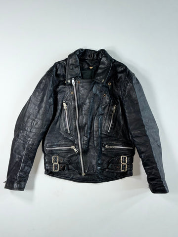 Vintage Black Leather Double Rider Biker Jacket with Buckles (M)