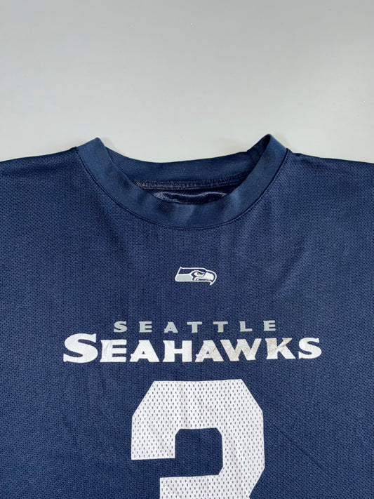 NFL Seattle Seahawks Russell Wilson #3 Navy Neon Green Striped Sleeve Mesh Football Jersey T-Shirt (2XL)