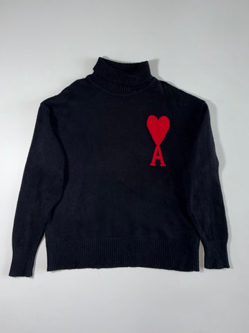 Ami Paris Ami de Coeur Black Turtleneck Sweater – Red Heart Logo (XL)