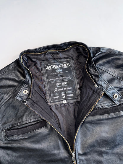 ZJack & Jones Core Genuine Leather Jacket | Detachable Grey Hood (XL)