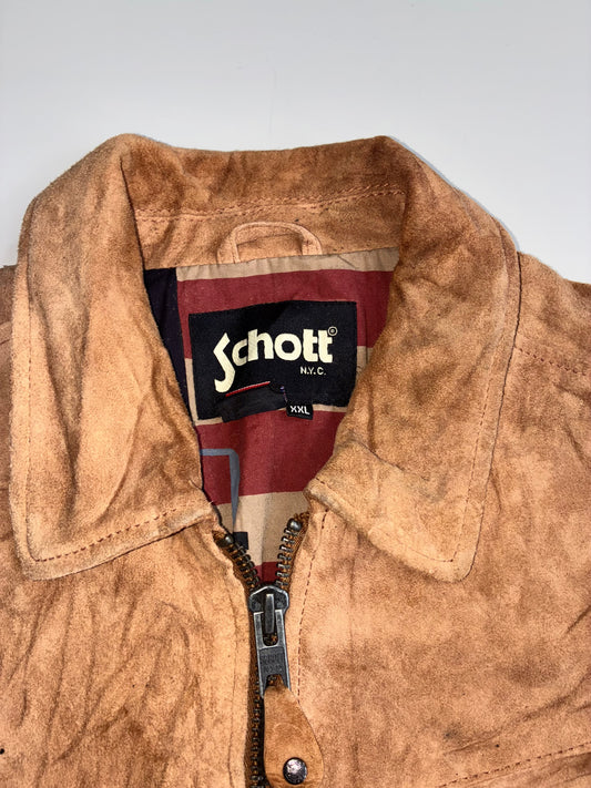 Vintage Schott NYC Sheepskin Suede Leather Motorcycle Jacket –lTan Custom Rider Lining (L/Xl)