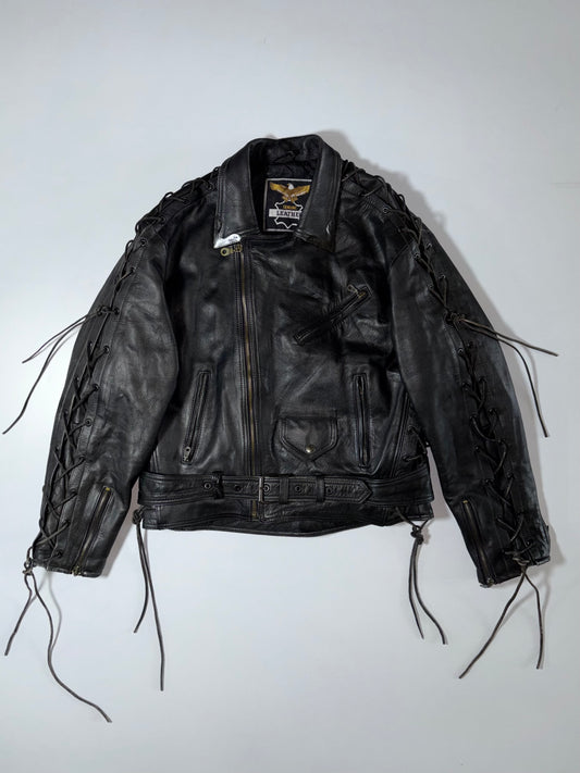 Vintage Black Lace-Up Leather Biker Jacket  L