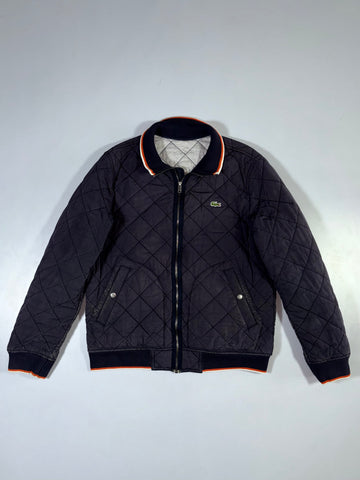 Lacoste Navy Quilted Bomber Jacket with Striped Collar (M)