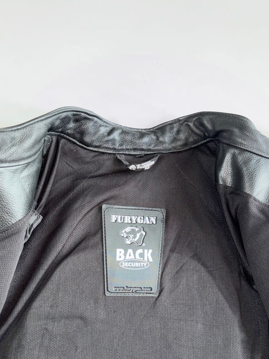 Furygan “Back Security” Black Perforated Leather Moto Jacket —Panther Back Graphic & Armor Pockets (Paded)(XL)