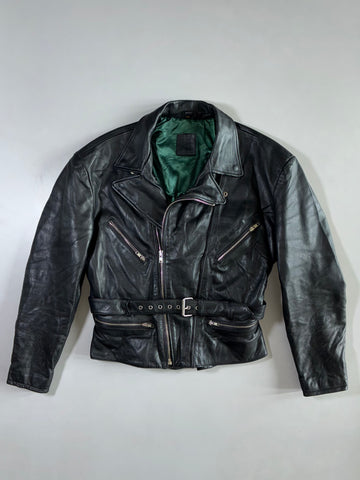 Vintage Belted Green-Lined Leather Biker Jacket (L)