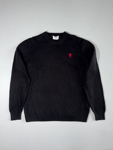 Ami Paris Ami de Coeur Black Wool Crewneck Sweater – Red Heart Logo (XL)