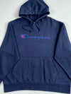 Champion Navy Script Logo Hoodie, Reverse Weave Style Fleece (XL)