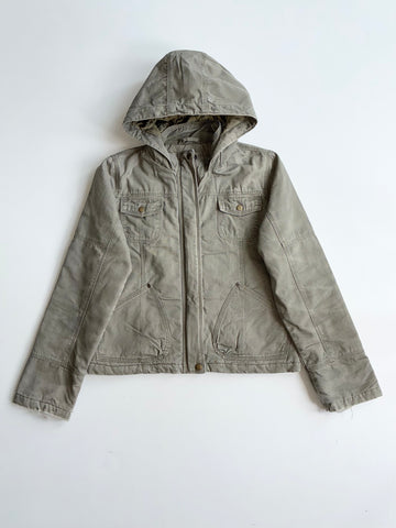 Vintage Olive Canvas Hooded Workwear Jacket – Quilted Lining (S)