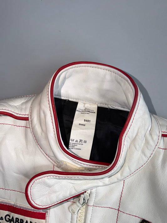 90's Dolce & Gabbana Vintage Racing Leather Jacket | “Indianapolis” Monte Carlo Patches | White Sheep Leather | Made in Italy Size (S/M)