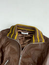 Ichi Brown Leather Bomber Jacket with Mustard Striped Knit Collar & Cuffs, (XS)