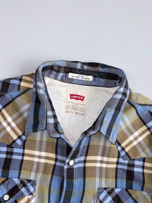 Levi’s Slim Fit Western Plaid Shirt Pearl Snap Buttons, Dual Chest Pockets, (XL)