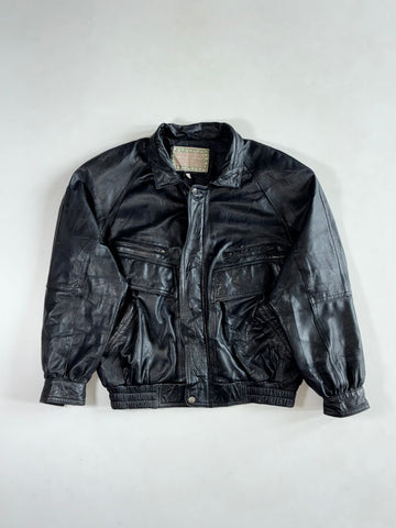 Vintage 90s More & More Black Leather Bomber Jacket – Zip Chest Pockets (2XL)