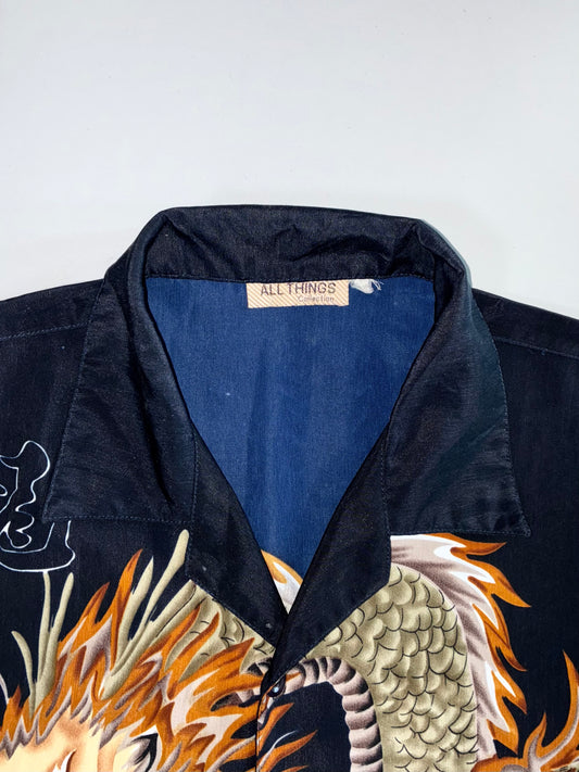 All Things Collection Vintage Dragon & Tiger Japanese-Style Satin Short Sleeve Shirt (L)