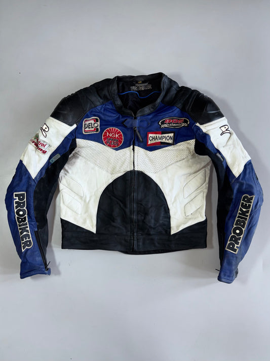 Vintage Probiker Genuine Leather Racing Jacket NGK / Champion / BOS Exhausts Patches  Carbon Fibre Elbow Guards Back Hump (Paded)(M/L)