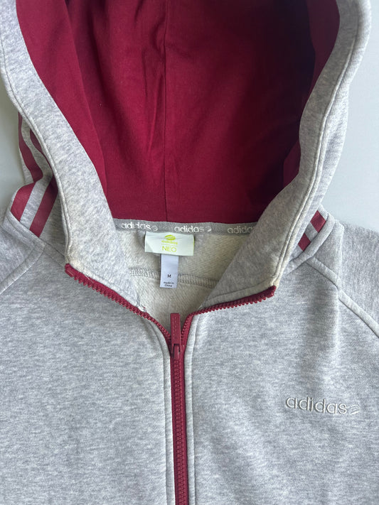 Adidas Neo Full Zip Hoodie Grey Marl Burgundy 3-Stripes Fleece Sweatshirt (M)