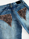 Big Train Osaka Blue Patchwork Distressed Flared Jeans (W:34 |L:43 )