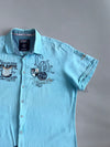 Camp David Blue Linen Blend Embroidered Short Sleeve Shirt (2XL)