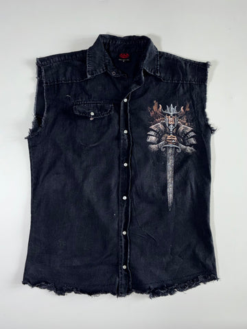 Spiral Direct Skull Knight Sleeveless Denim Cut-Off Shirt – Black (M/L)
