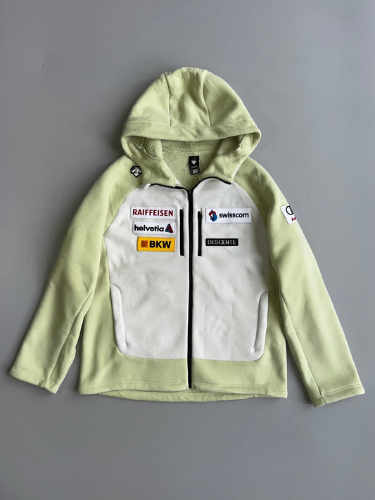 Descente Swiss Ski Team Official Fleece Hoodie Embroidered Sponsor Patches Raiffeisen Swisscom BKW | Est. 1904 (XL)