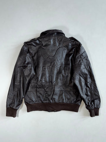 Vintage Brown Leather Flight Bomber Jacket – Embossed U.S. Force Eagle, Brass Snap Buttons (XL)