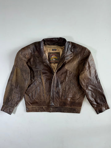 Adventure Bound Distressed Brown Leather Bomber Jacket (XL)
