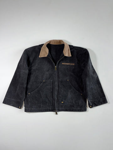 Black Zip-Up Workwear Jacket with Tan Contrast Collar & Patch Pockets (2XL)