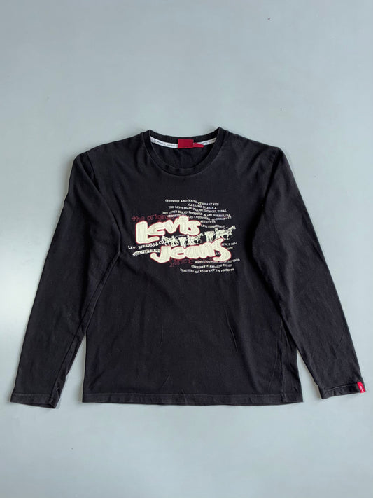 Levi’s Jeans Graphic Black Long Sleeve T-Shirt | Vintage Levi Strauss Tee (M)