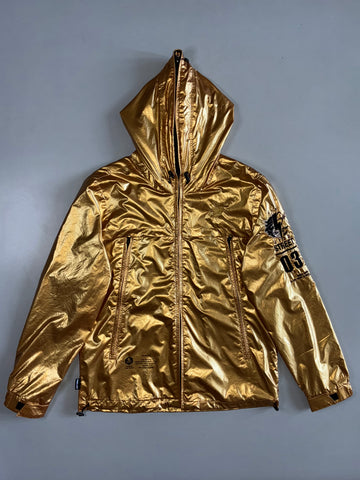 Jizo-Devil Japanese Streetwear Metallic Gold Hooded Jacket Rare Graphic Print Zip-Up (M)