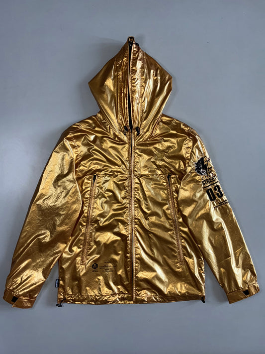 Jizo-Devil Japanese Streetwear Metallic Gold Hooded Jacket Rare Graphic Print Zip-Up (M)