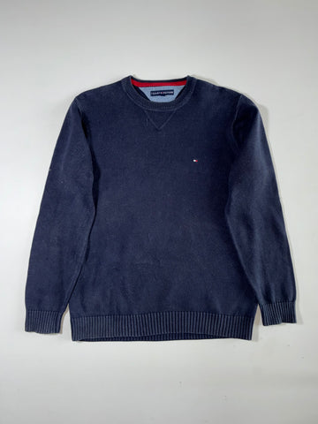 Tommy Hilfiger Navy Cotton Knit Crewneck Sweater – Red Tipped Collar (L)