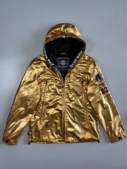 Jizo-Devil Japanese Streetwear Metallic Gold Hooded Jacket Rare Graphic Print Zip-Up (M)