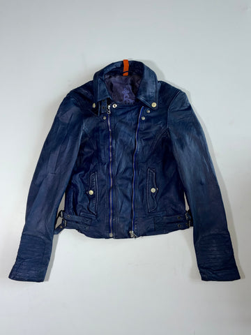 Tough Jeansmith Navy Double-Zip Leather Biker Jacket (XS)