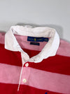 Ralph Lauren Pink & Red Striped Rugby Shirt with White Collar and Blue Pony Logo, Size (M)