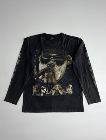 Bulldog Graphic Long Sleeve T-Shirt – Biker Bulldog Print Black (L)