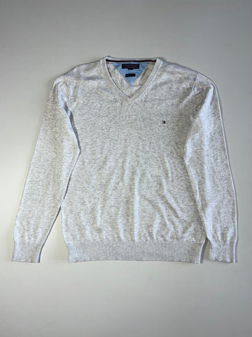 Tommy Hilfiger Grey Premium Cotton V-Neck Sweater – (S)