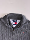 Tommy Hilfiger Charcoal Grey Cable Knit Quarter-Zip Sweater with Flag Logo (XL)