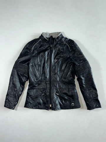 Vintage 80s Taurus Women’s Black Leather Moto Jacket – Grey Piping, (S/M)