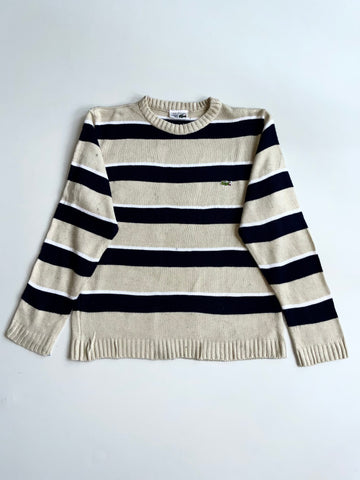 Vintage Chemise Lacoste Beige & Navy Striped Knit Sweater – Made in France (M)