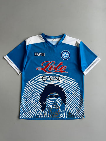 SSC Napoli Maradona #10 Tribute Football Jersey | Fingerprint Graphic | Lete & MSC Sponsors T-shirt (M)