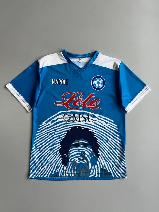 SSC Napoli Maradona #10 Tribute Football Jersey | Fingerprint Graphic | Lete & MSC Sponsors T-shirt (M)
